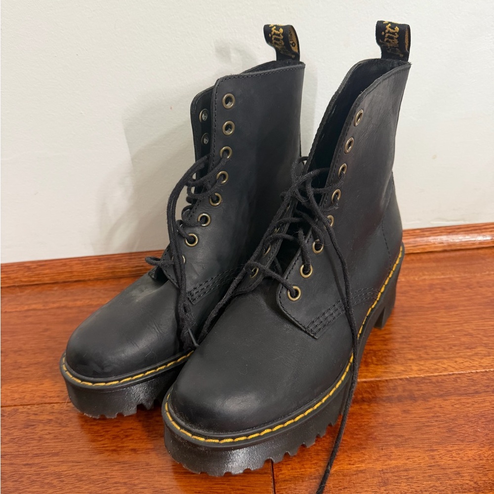 Dr. Martens Women’s Shriver Hi Black Combat Boots with Yellow Stitching
